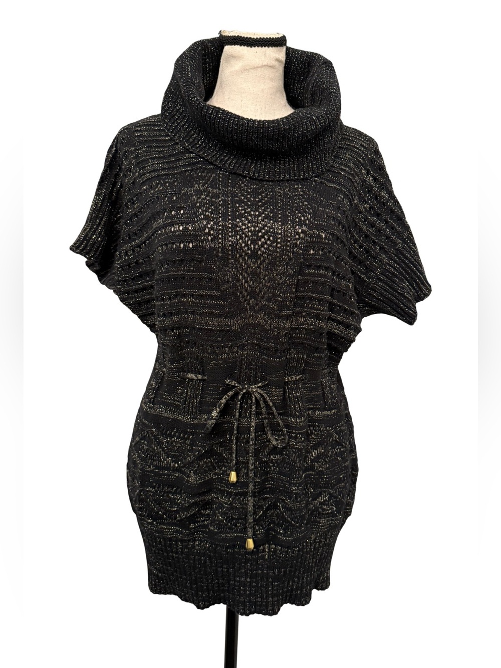 2B Bebe Black Metallic Knit Tunic Dress L Cowl Neck Y2K Shimmer